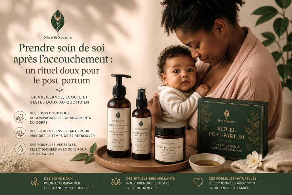 Découvrez un rituel post-partum inspiré du végétal, avec bienveillance et simplicité pensé pour la mère.